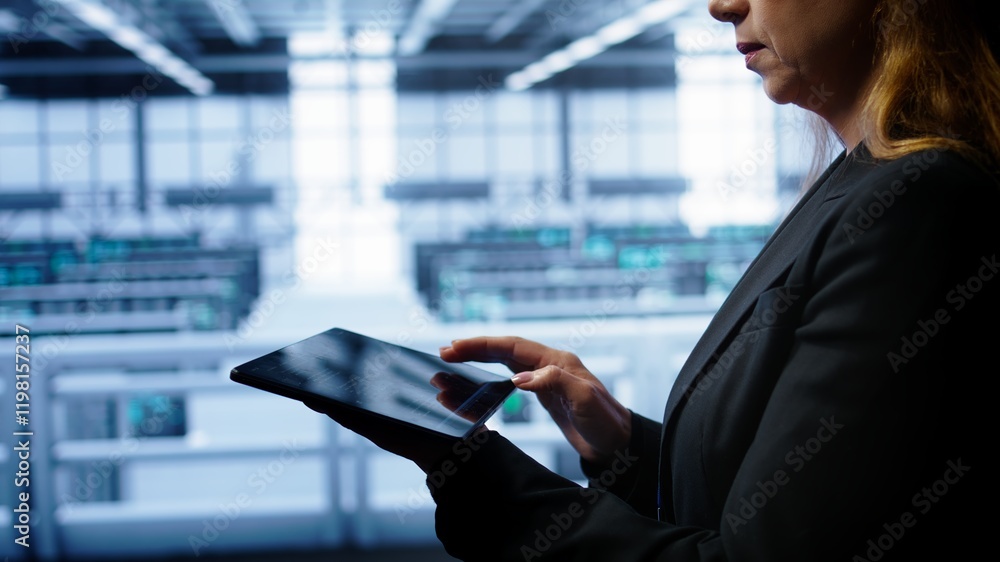 Poster system administrator monitoring server room, doing checkup, inputting data on tablet of needed fixes