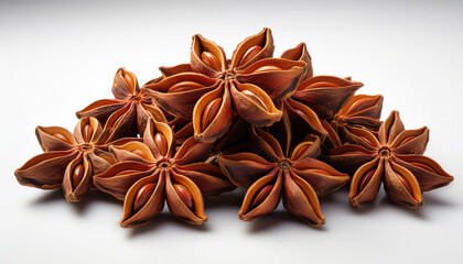 A stack of star anise pods arranged symmetrically, showcasing their rich brown hues and unique star shape against a simple, light background, emphasizing their intricate texture and natural beauty.
