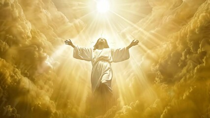 The resurrected Jesus Christ ascending to heaven surrounded by bright light and clouds. Ascension, resurrection, divine. Biblical scene, Christian religion concept. Easter, Good Friday, Palm Sunday