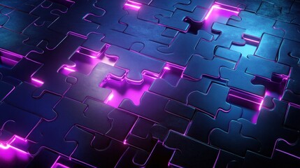 Abstract Puzzle: Neon Glowing Metal Jigsaw Pieces
