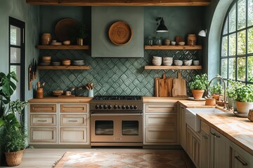 a minimalist scandinavian kitchen with warm wood accents, floating shelves, and a geometric tile backsplash in soft sage green