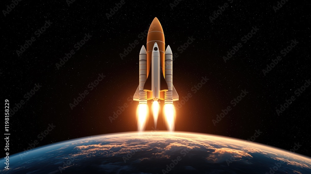 Poster rocket launch event earth orbit space exploration dark environment dramatic viewpoint progress and i