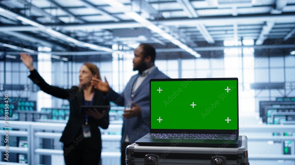 Poster green screen laptop used by engineers monitoring server room, doing checkup. focus on chroma key not