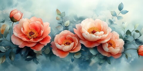 Watercolor Floral Arrangement Peonies Eucalyptus Soft Pastel Colors Minimalistic Design Ethereal Dreamy Atmosphere