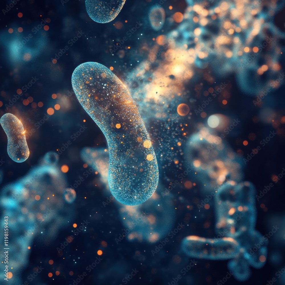 Poster Intricate 3D render of vibrant microbes illuminated by dynamic particles in a dark background. Generative AI