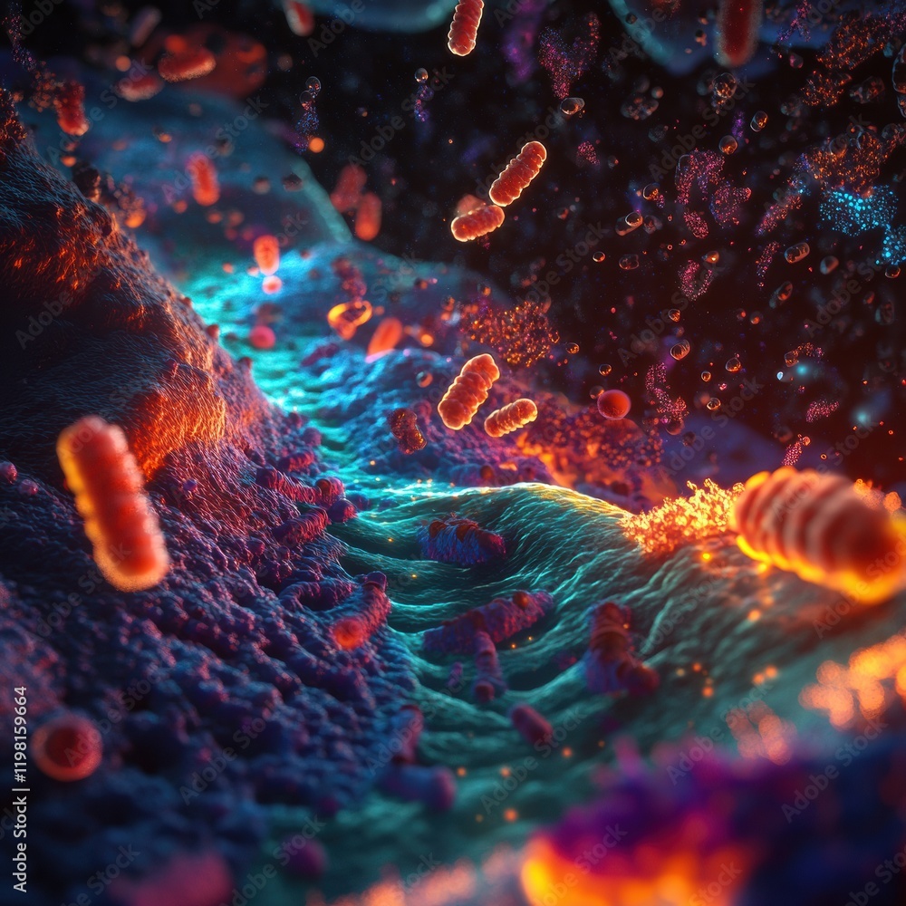 Poster exploring intricate molecular interactions of microbes in vibrant environments. generative ai