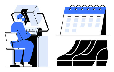 Factory worker operating sophisticated machinery, adjacent to a calendar and a pair of boots. Ideal for themes thumbs up industrial work, manufacturing processes, scheduling, labor management