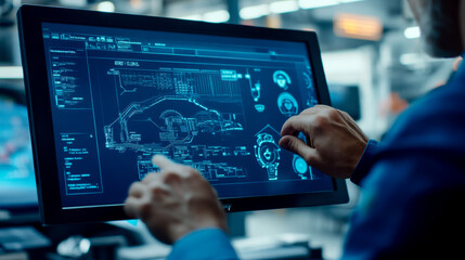 A person interacts with a high-tech touchscreen displaying complex data, showcasing modern technology and engineering insights.