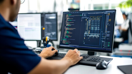 A person is coding on a computer, displaying a programming interface filled with lines of code and data in a modern office environment.
