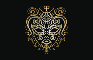 Golden venetian carnival mask with floral ornaments on black background