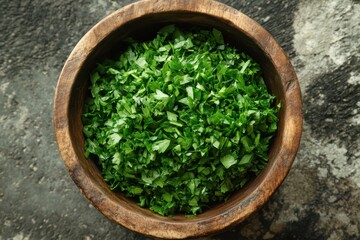 A bowl of parsley tabbouleh