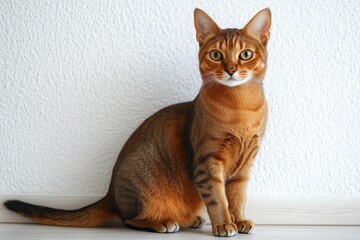 A brown cat with black markings rests on the floor by a white wall