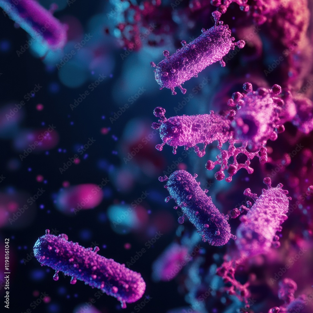 Poster detailed 3d render of vibrant microbes showcasing unique forms and colors in a microscopic environme