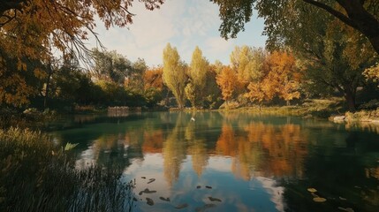 Fototapeta premium Autumnal Reflections on a Serene Lake