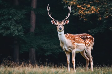 Obraz premium A deer grazes in a grassy area with tall trees nearby surveying its surroundings