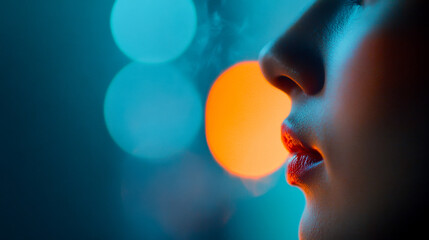 A close-up of a woman's profile, with colorful bokeh lights in the background, emphasizing her lips emitting smoke in a moody atmosphere.