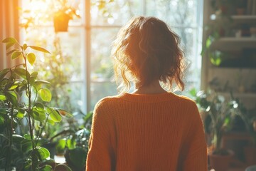 Young woman in orange sweater working on laptop at home office desk studying online attending webinar and taking notes in warm inviting atmosphere