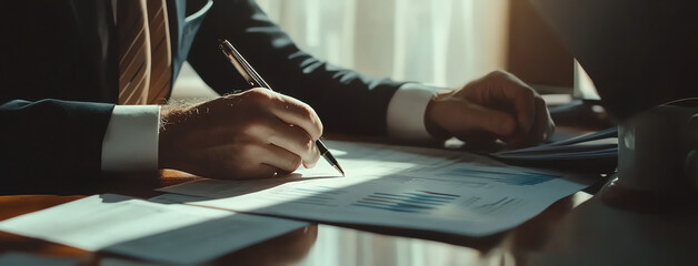 Professional business analysis with documents and pen on a wooden desk in office light