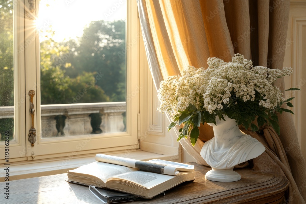 Poster warm sunlight filters through curtains onto a serene window ledge with a vase of flowers and an open