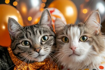 Cats celebrate a festive occasion with decorations and balloons in a joyful setting