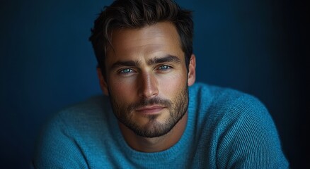 Fototapeta premium Thoughtful Young Man in Light Blue Sweater with Hand on Chin Looking Up Against Pastel Blue Background in Studio