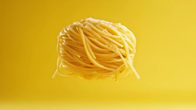 Anamorphic video 3D animation of multiple spaghetti noodles floating in the air, tangling and twirling.