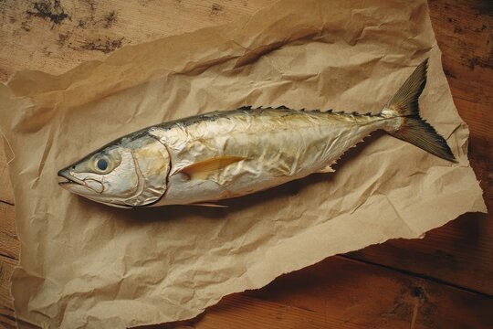 A freshly caught horse mackerel on a wooden board with rustic paper