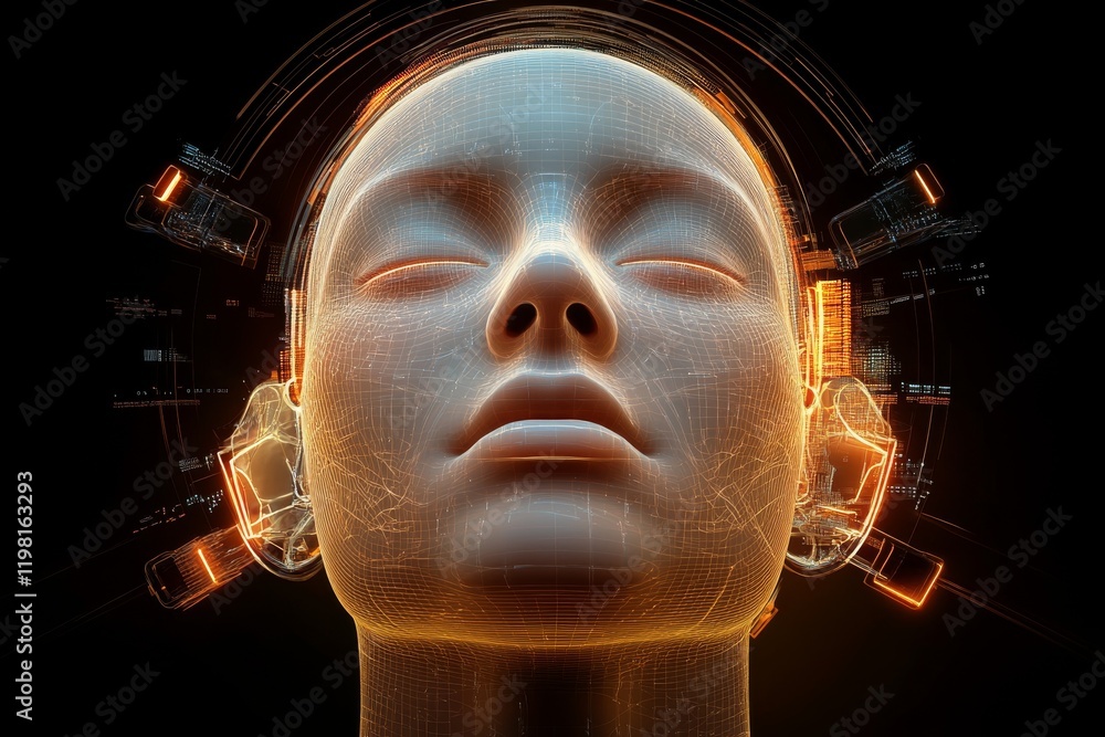 Poster futuristic human-like interface showcasing advanced technology with glowing features and digital ele