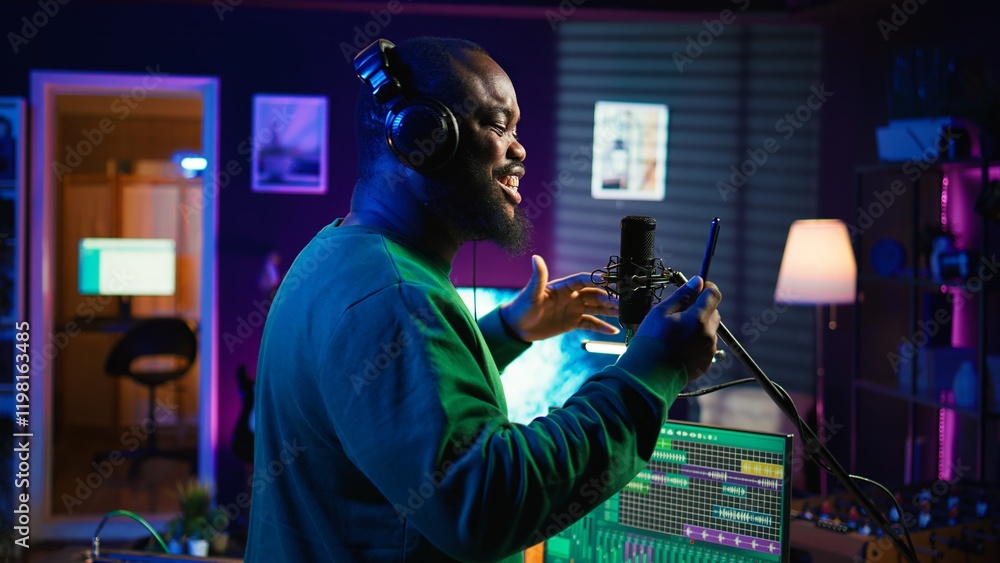 Poster Young artist singing his new song creation on microphone gear, editing his recordings to adjust volume levels with mix and master techniques. Singer composing a melody, stereo tools. Camera B.
