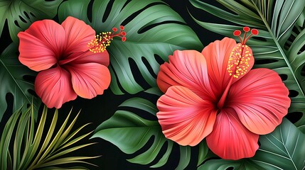Tropical Hibiscus Flowers, Lush Foliage, Dark Background, Print Design