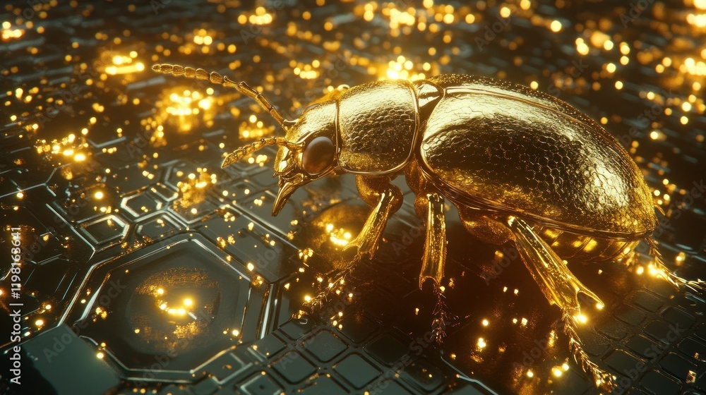 Poster golden beetle on a circuit board with glowing particles.