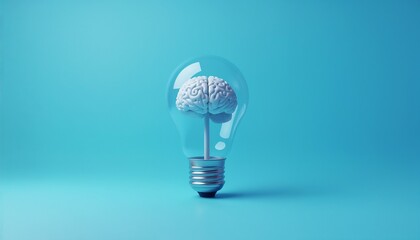 A creative imagery of a light bulb containing a brain, symbolizing innovation and intelligent ideas, set against a clean blue background, embodying concepts of creativity, thinking, and futuristic