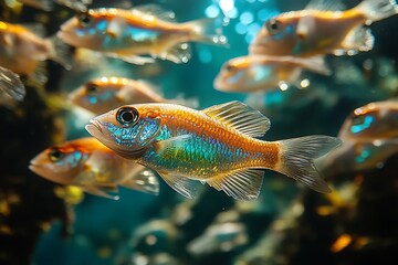 Fototapeta premium A school of vibrant orange and blue fish swimming in an aquarium