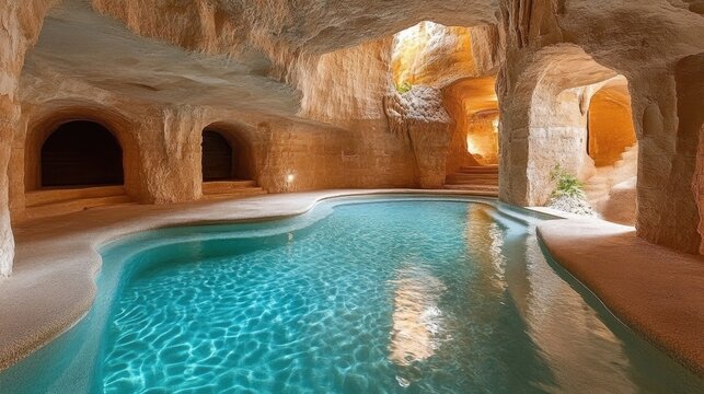Cave pool with turquoise water, unique design. Ideal for luxury travel, relaxation, and spa concepts.