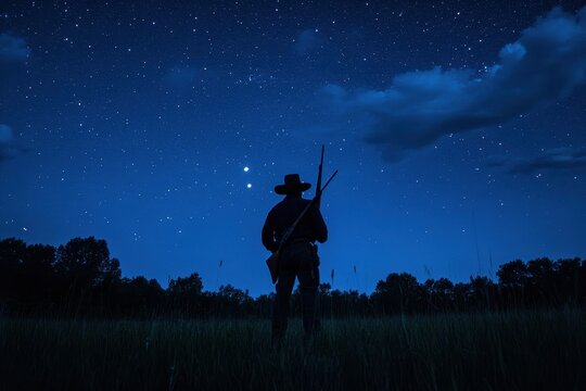 A hunter heads to his lookout in a meadow by the forest on a starry night carrying a rifle and flashlight