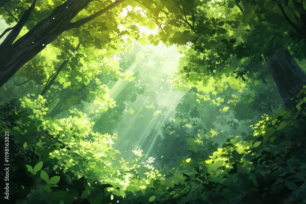 Poster sunlight streams through the leaves in a tranquil green forest filled with serenity and natural beau