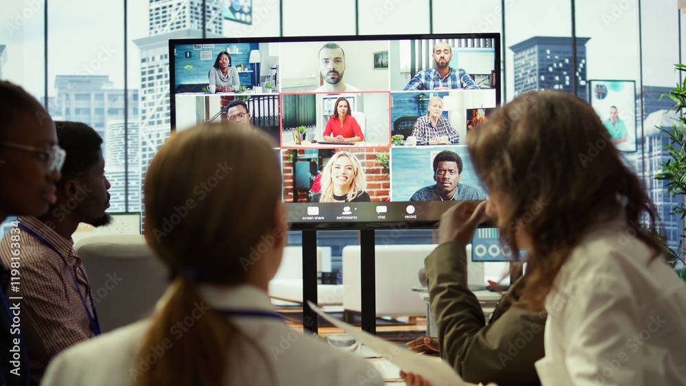 Poster diverse team of workers reviewing project updates together with shareholders on video call online me