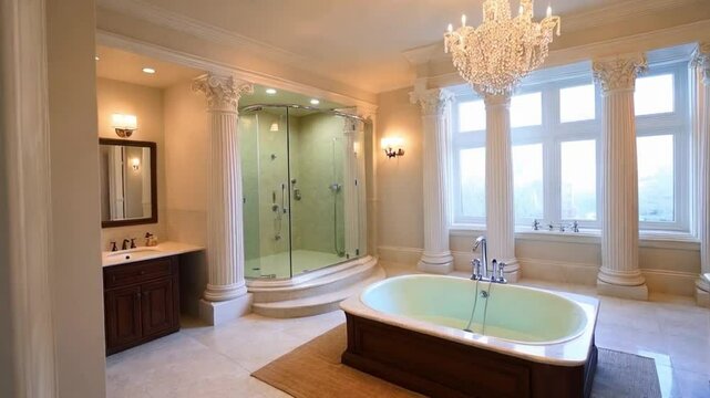 Opulent Bathroom Interior with Glass Shower, Bathtub, Columns, and Dual Vanities