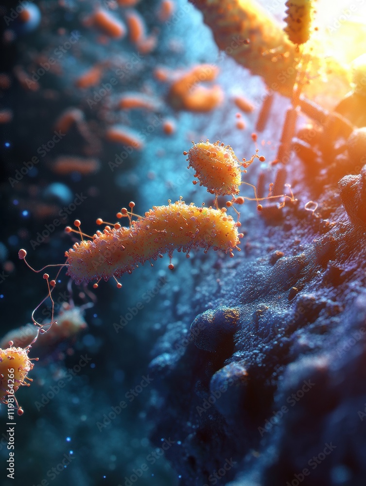 Aufkleber close up view of molecular interactions revealing diverse microbial life in aquatic environment. gen