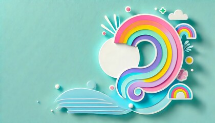Bright turquoise background with a pastel rainbow swirl and circular sticker in white space for text.