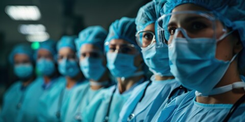 A group of healthcare professionals wearing blue scrubs and surgical masks in a hospital setting, highlighting teamwork and medical expertise in a critical care environment