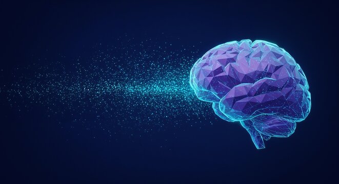 Visual representation of a purple brain emitting particle streams, symbolizing neural activity and technological advancements in artificial intelligence and cognitive sciences.

