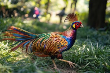 Fototapeta premium A vibrant pheasant strolls through the grass in a park in Chongqing