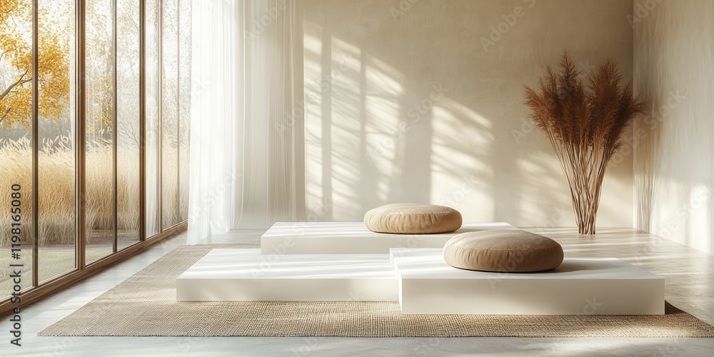 Poster minimalist white geometric platforms with natural light and shadows on bright background 3d renderin