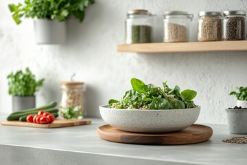 Fresh spinach salad with vegetables in a modern kitchen on a sunny day