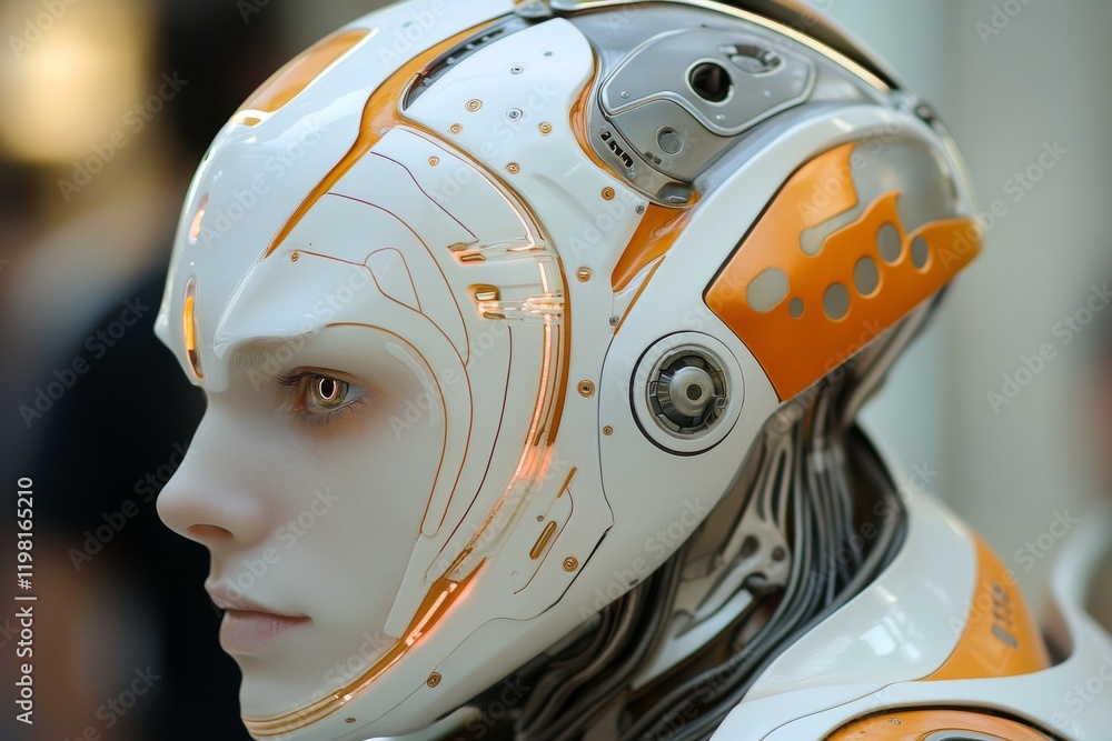 Aufkleber futuristic robotic head with intricate design and glowing elements on display in a modern exhibition