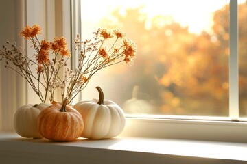 Seasonal autumn decoration featuring pumpkins and dried flowers on a sunny windowsill in warm light