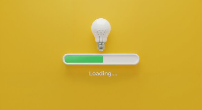 A minimalistic creative concept showcasing a lightbulb above a loading bar on a yellow background, representing ideas, progress, and innovation in a fresh and modern visual design.

