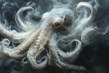 A captivating close-up of an octopus swirling in a cloud of ethereal ink, creating an artistic and mysterious underwater scene.