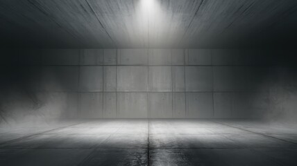 A minimalistic gray concrete room illuminated by a spotlight, creating an atmospheric and dramatic mood.